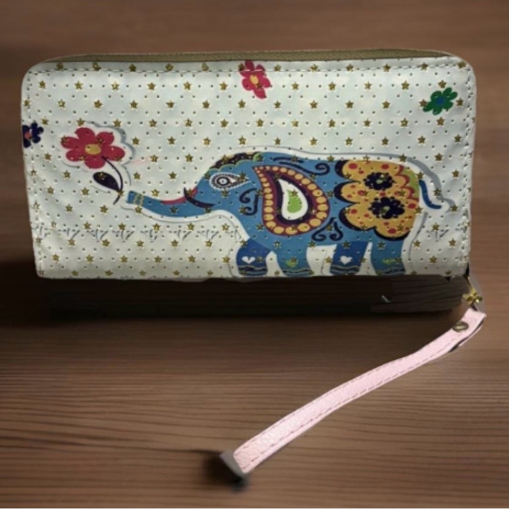 Colorful Bohemian elephant zippered wallet. One of a kind design. Ex. condition
